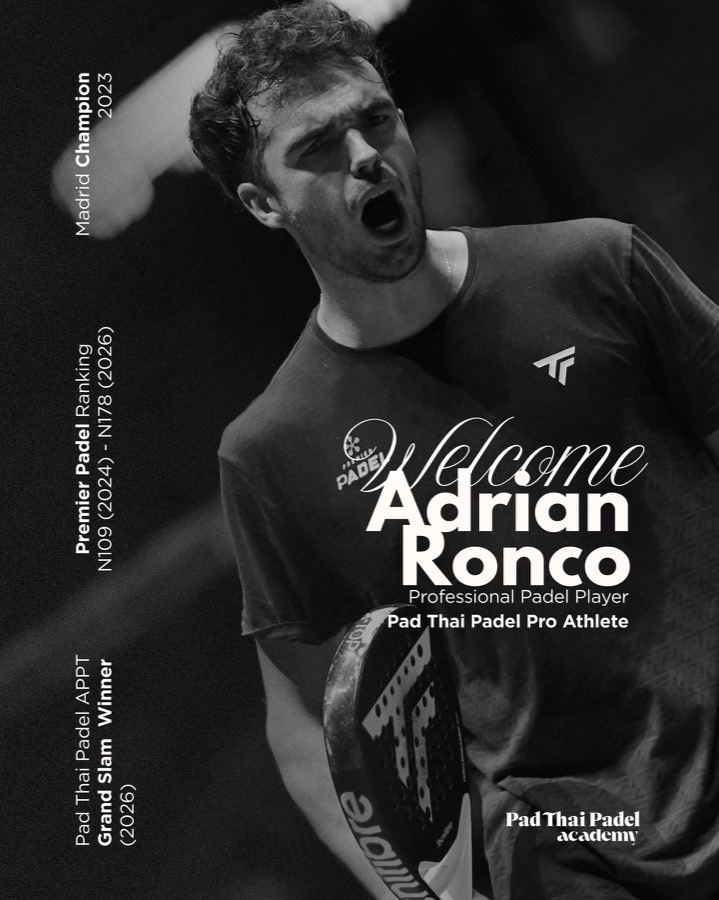 Adrian Ronco celebrating a point, Pad Thai Padel Academy poster